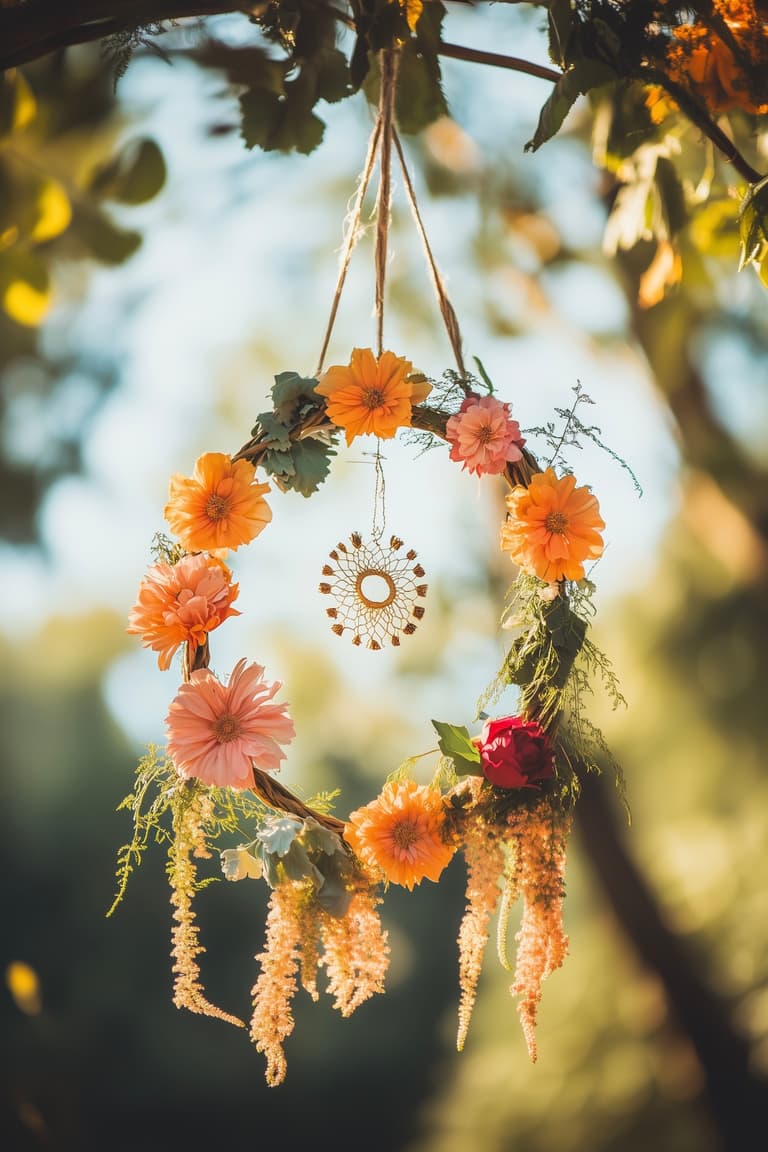 couronne de fleurs suspendues déco mariage boho