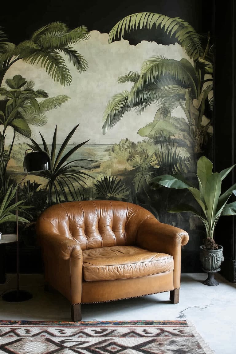 papier peint colonial palmier fauteuil chesterfield