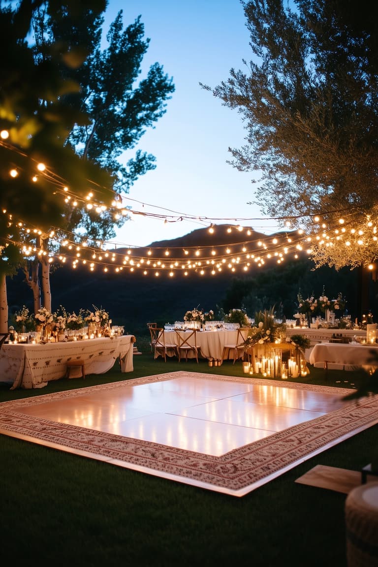 piste de dance extérieure tapis bois guirlande lumineuse