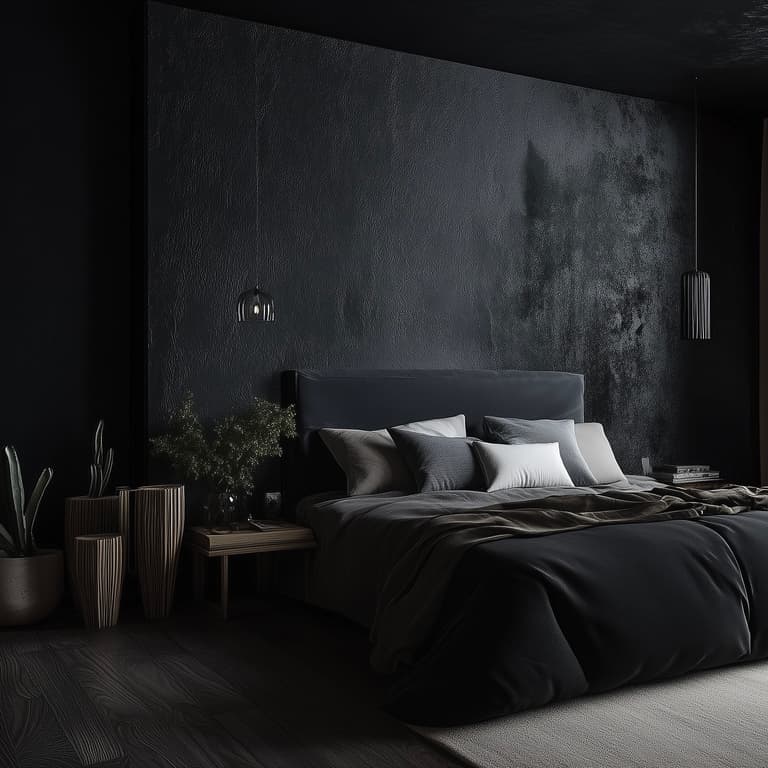 Chambre sombre avec plafond noir et touches végétales