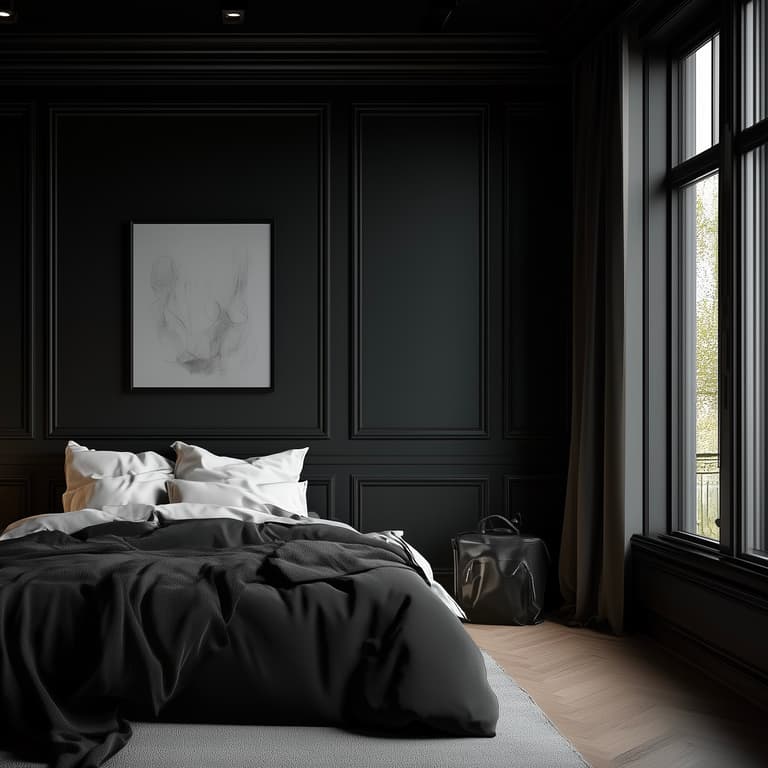 Chambre adulte avec plafond noir et décoration masculine