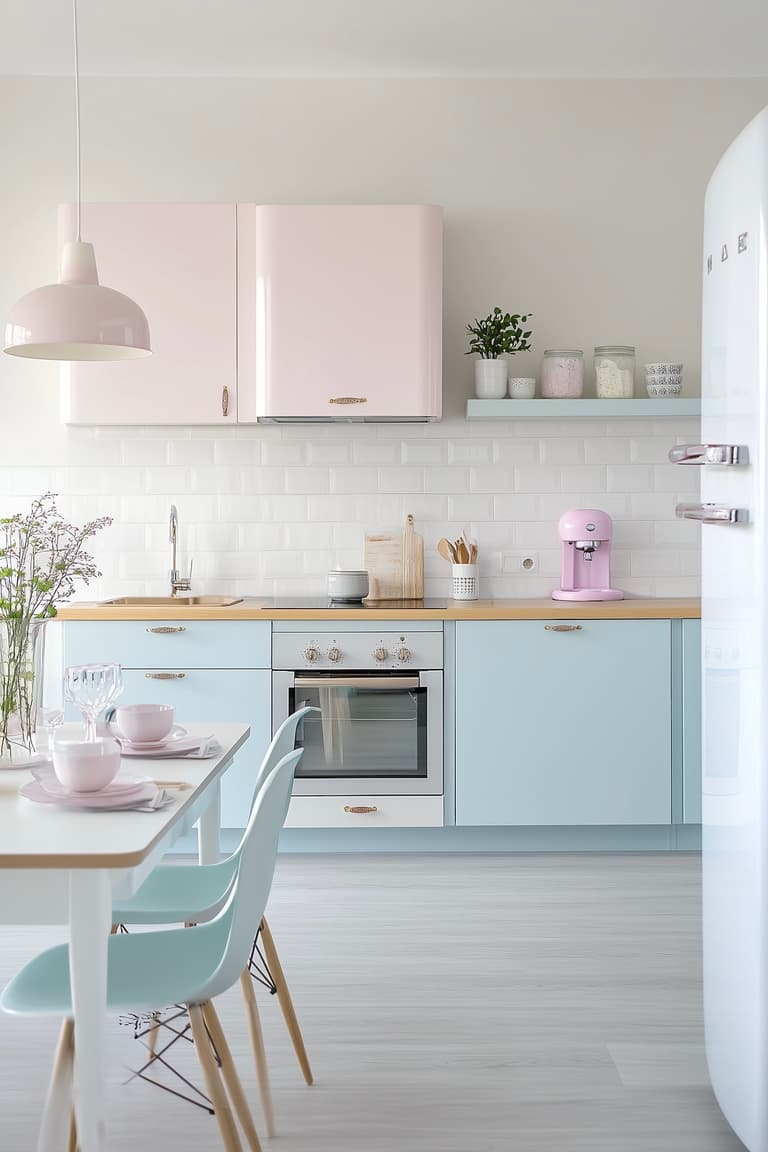 cuisine bleue rose pastel lumineuse rétro chic