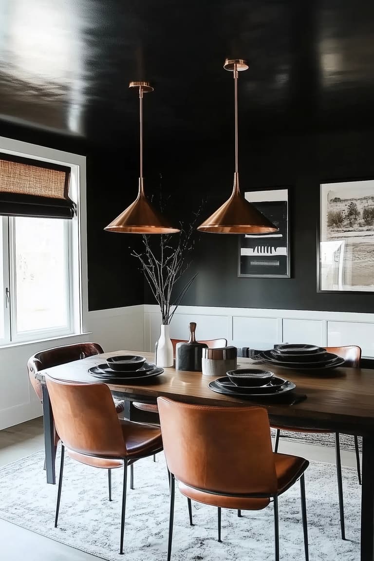 Salle à manger avec plafond noir, chaise en cuir et suspension en cuivre