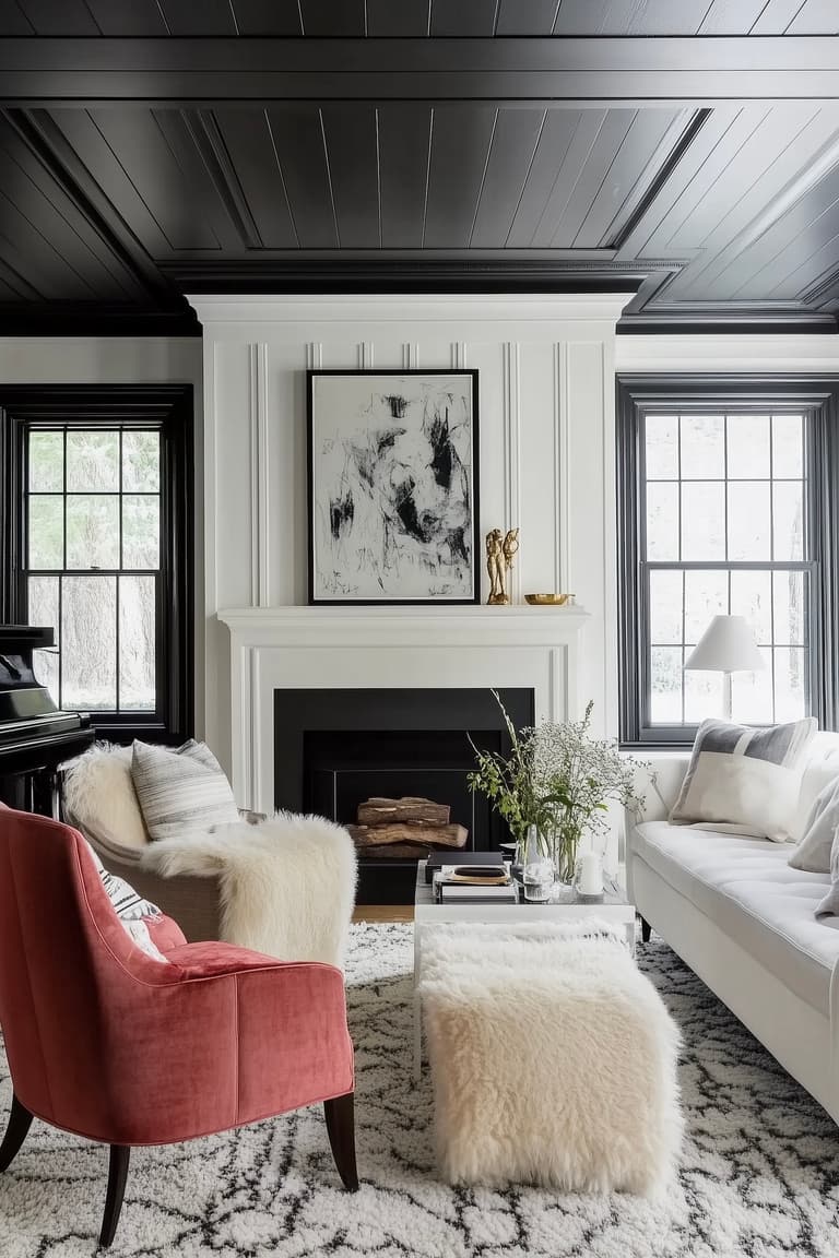 Salon chaleureux avec plafond noir et moulures mises en valeur