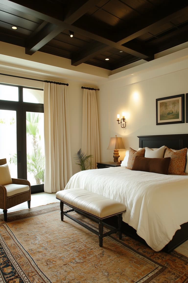 Chambre beige avec plafond noir et décoration d’inspiration coloniale