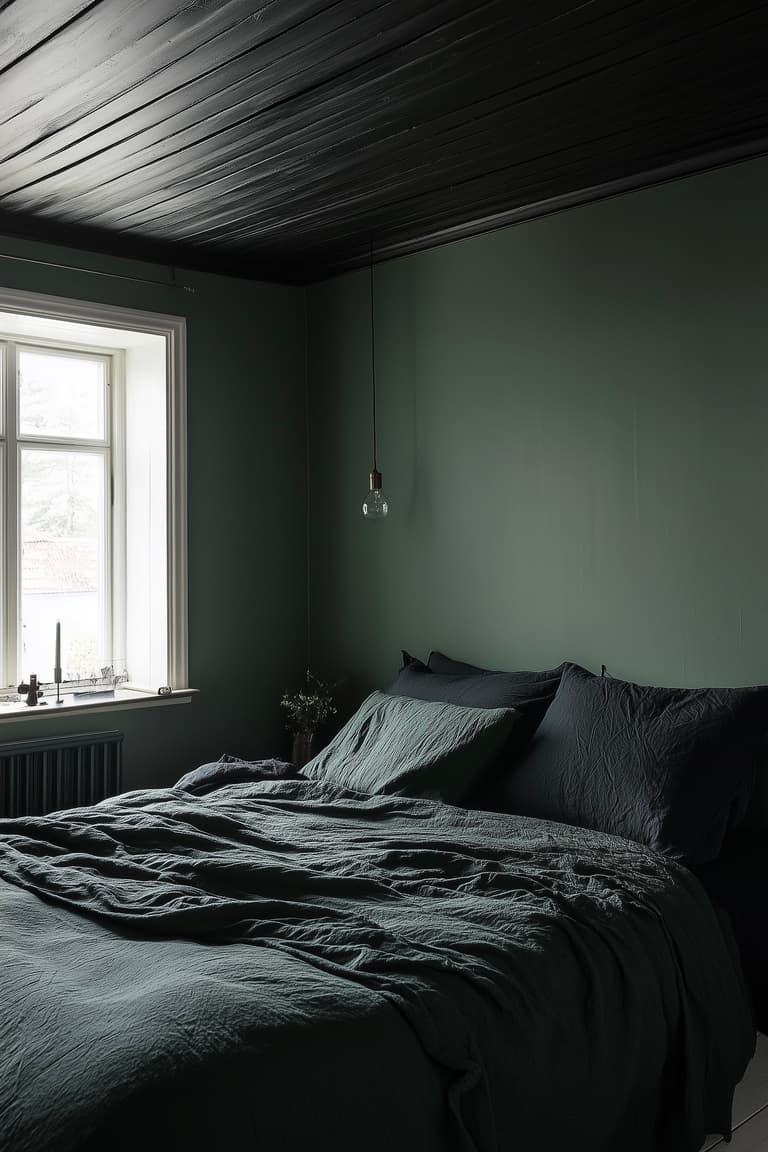 Chambre foncée vert et gris avec plafond noir