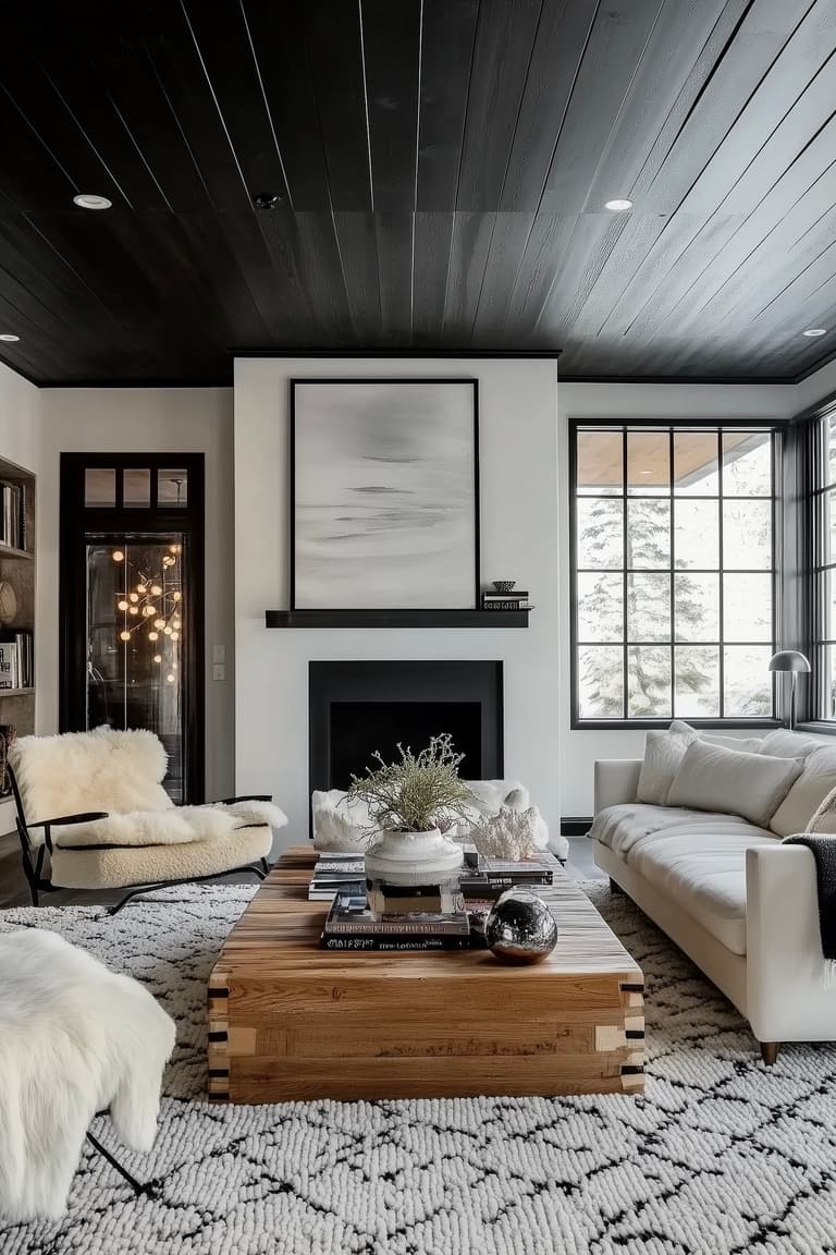 Salon noir et blanc avec architecture intérieure et plafond sombre