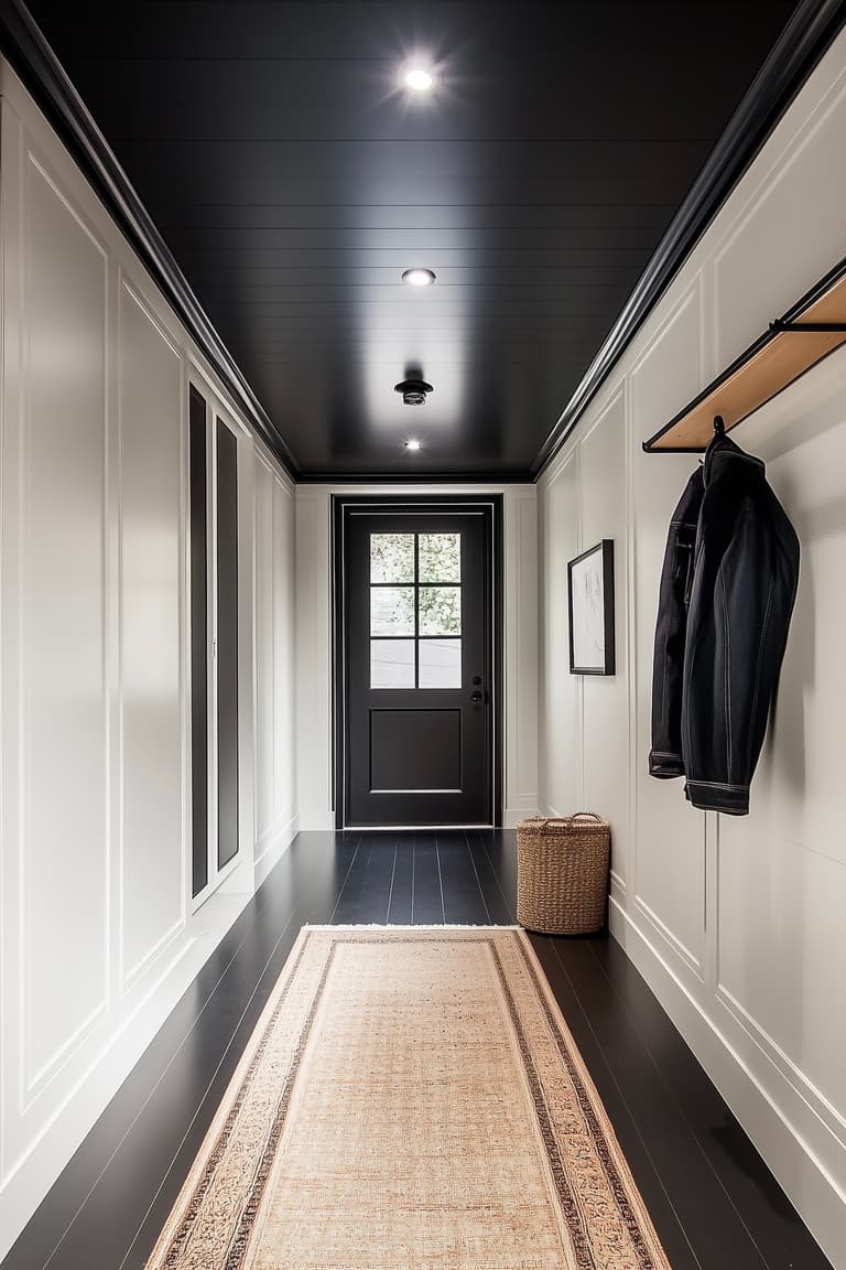 Entrée étroite avec plafond noir pour structurer la longueur