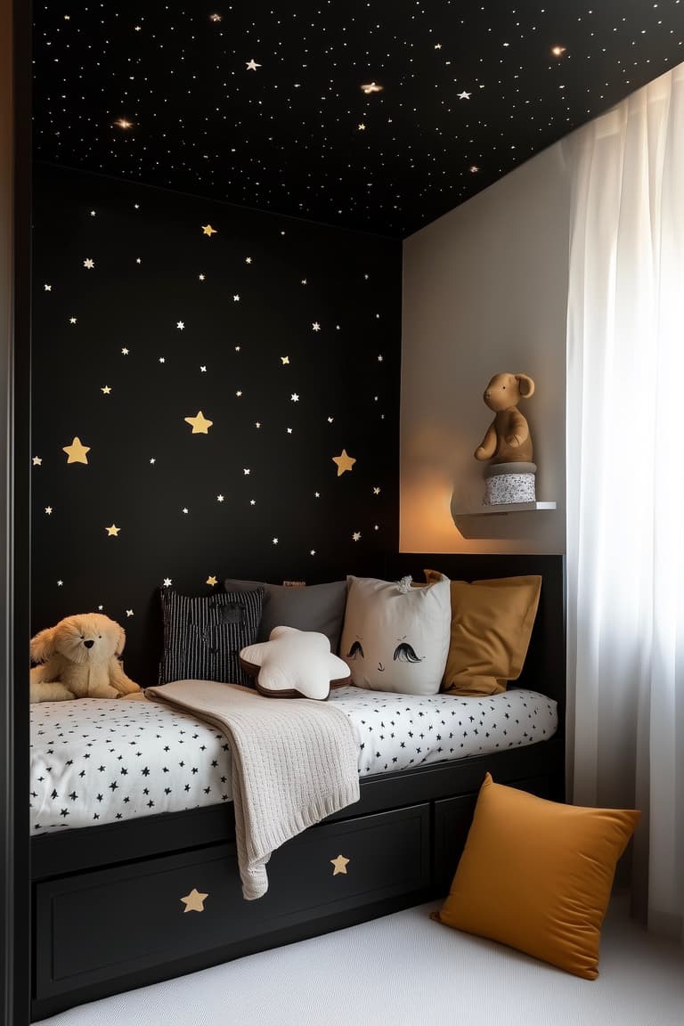 Chambre d’enfant avec plafond noir décoré de constellations