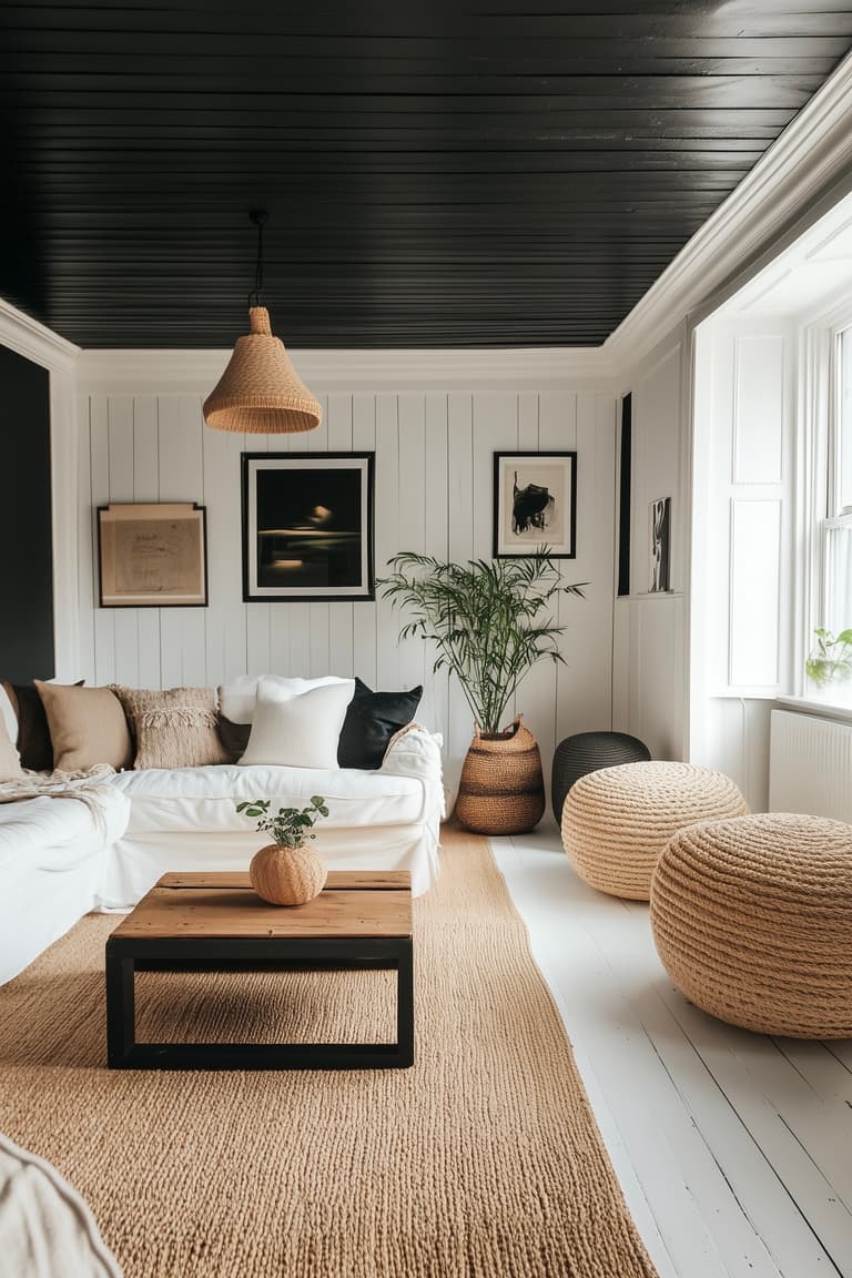 Salon beige et noir où la lumière claire équilibre le plafond sombre