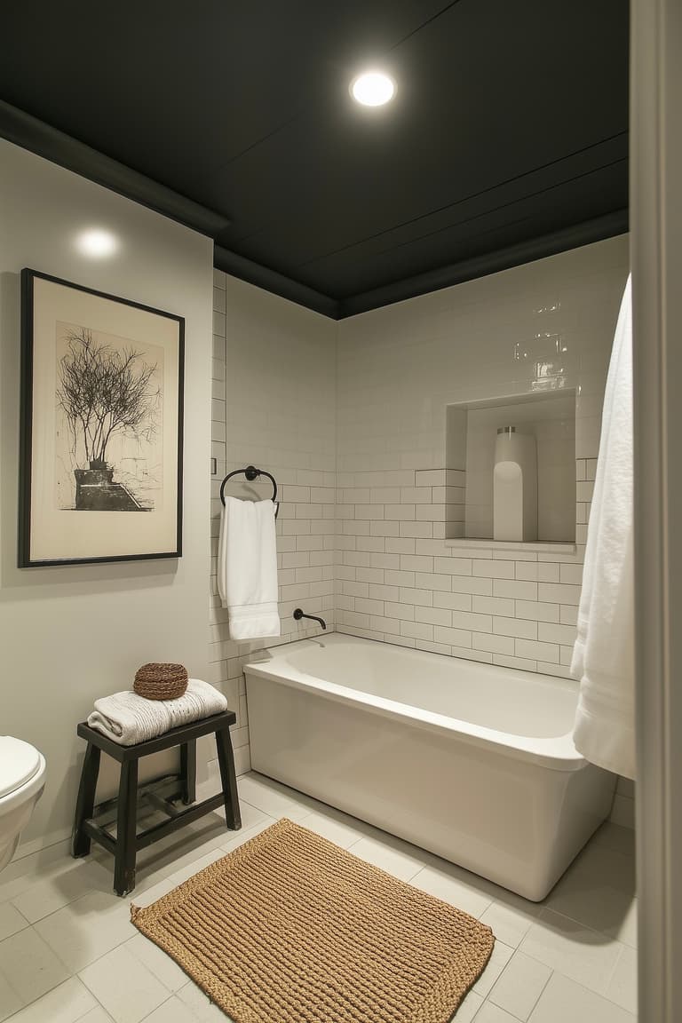 Salle de bain avec plafond noir et carrelage métro blanc