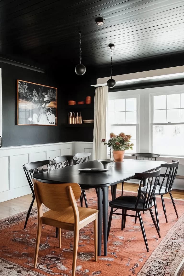 Salle à manger avec plafond noir, chaise design et lumière naturelle