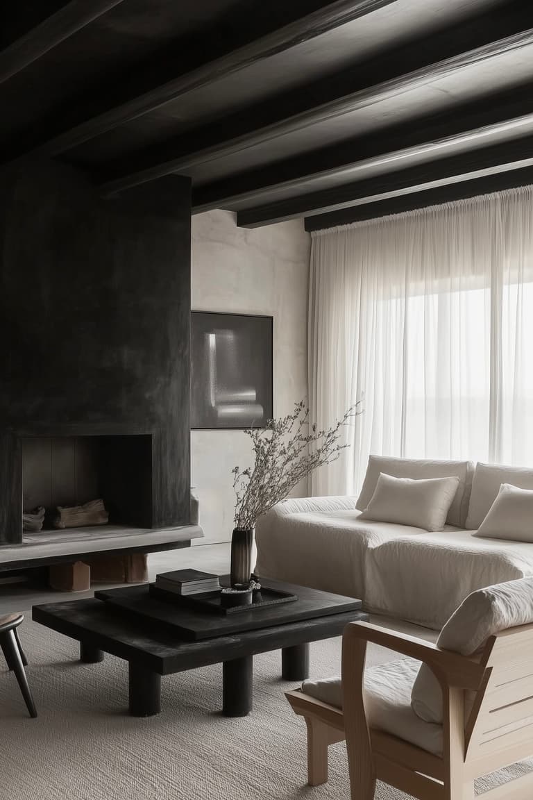 Salon monochrome avec cheminée, murs et plafond noirs