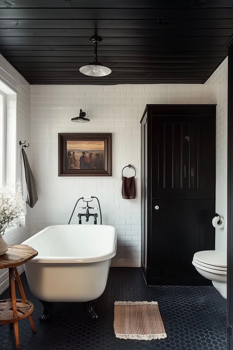 Meuble sombre détourné dans une salle de bain