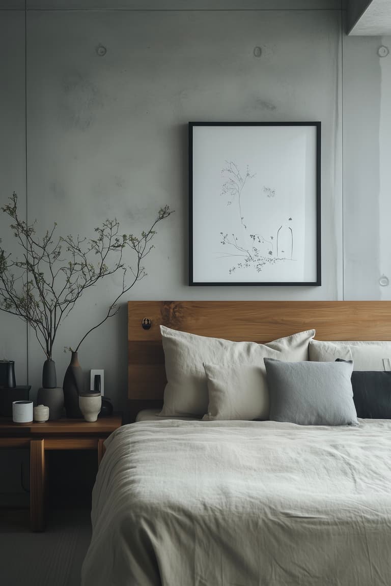 chambre mur béton lit épuré bois brut