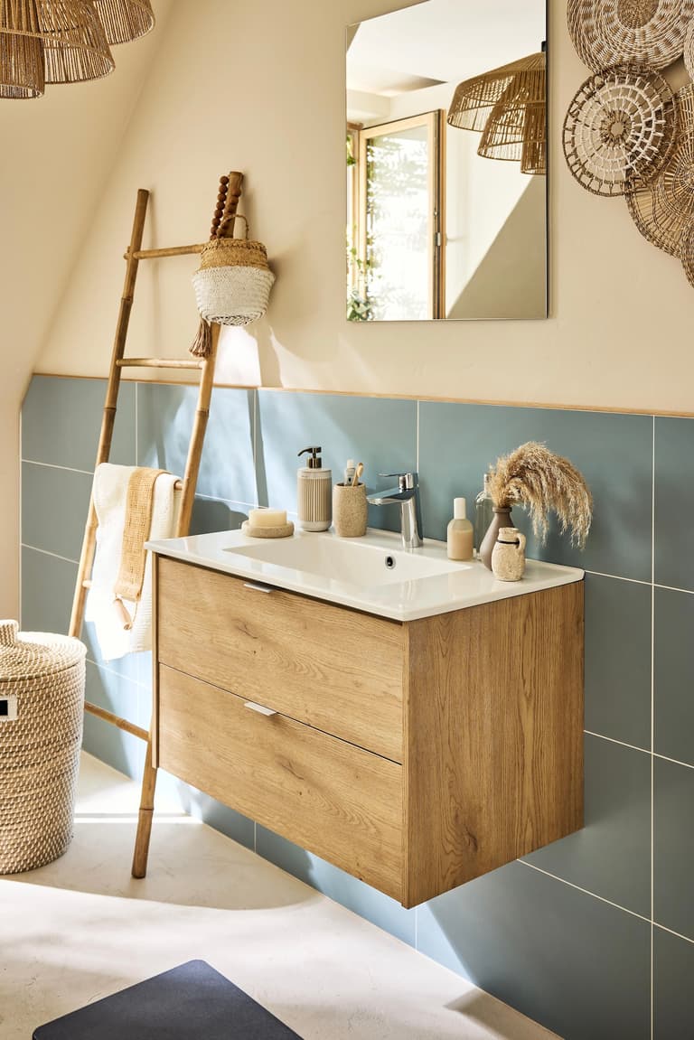 meuble salle de bain vasque suspendu étroit bois