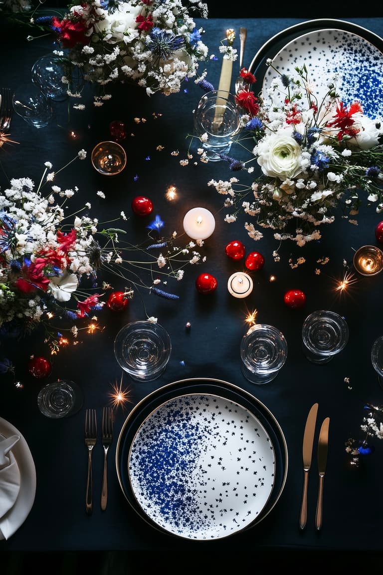 idée décoration buffet festif thème couleur bleu rouge
