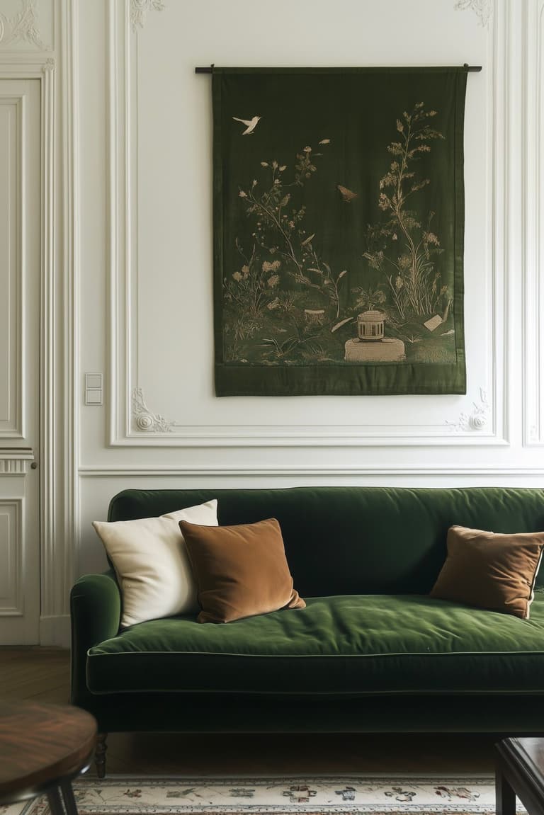canapé velours vert coussin lin coton marron