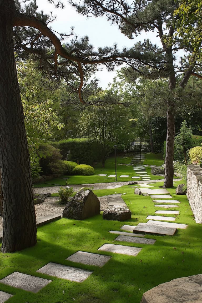 aménagement jardin pente pelouse pas japonais