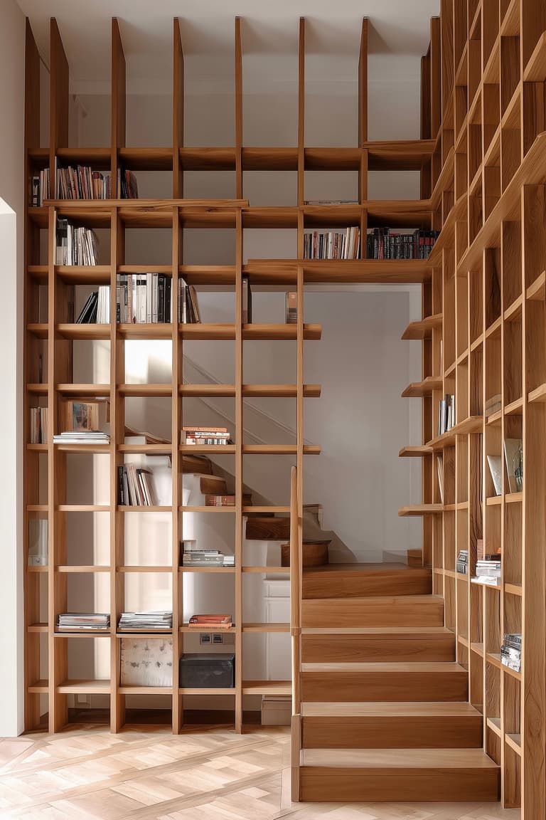 bibliothèque ajourée cloison salon escalier claustra