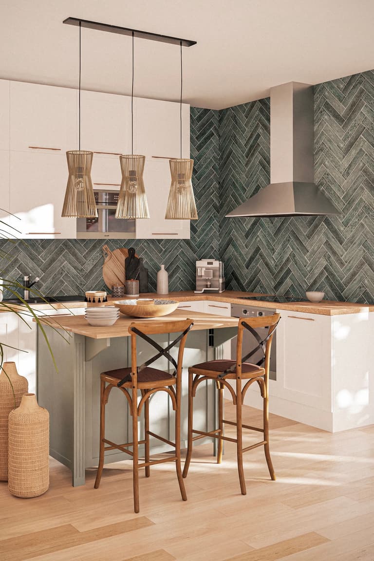 cuisine blanche carrelage vert eau chevron zig zag