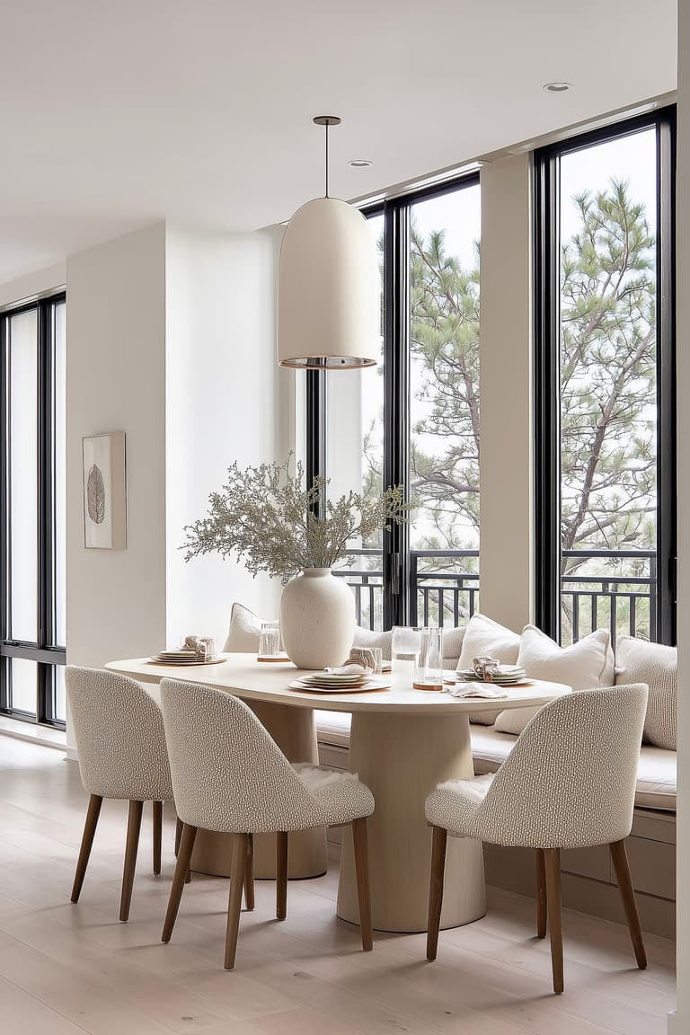 espace repas maison beige canapé banquette table ovale