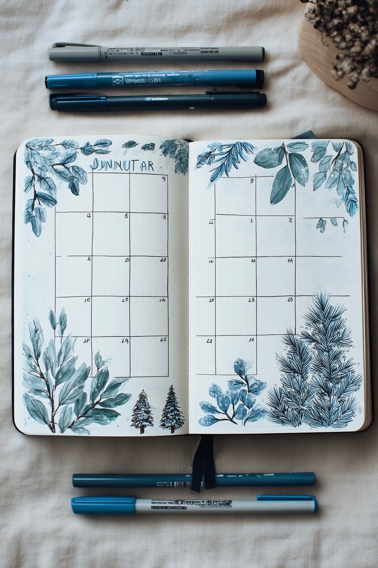 calendrier bullet journal 2026 thème hiver branches sapin