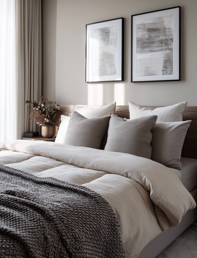 chambre adulte mur beige draps gris lit bois brut