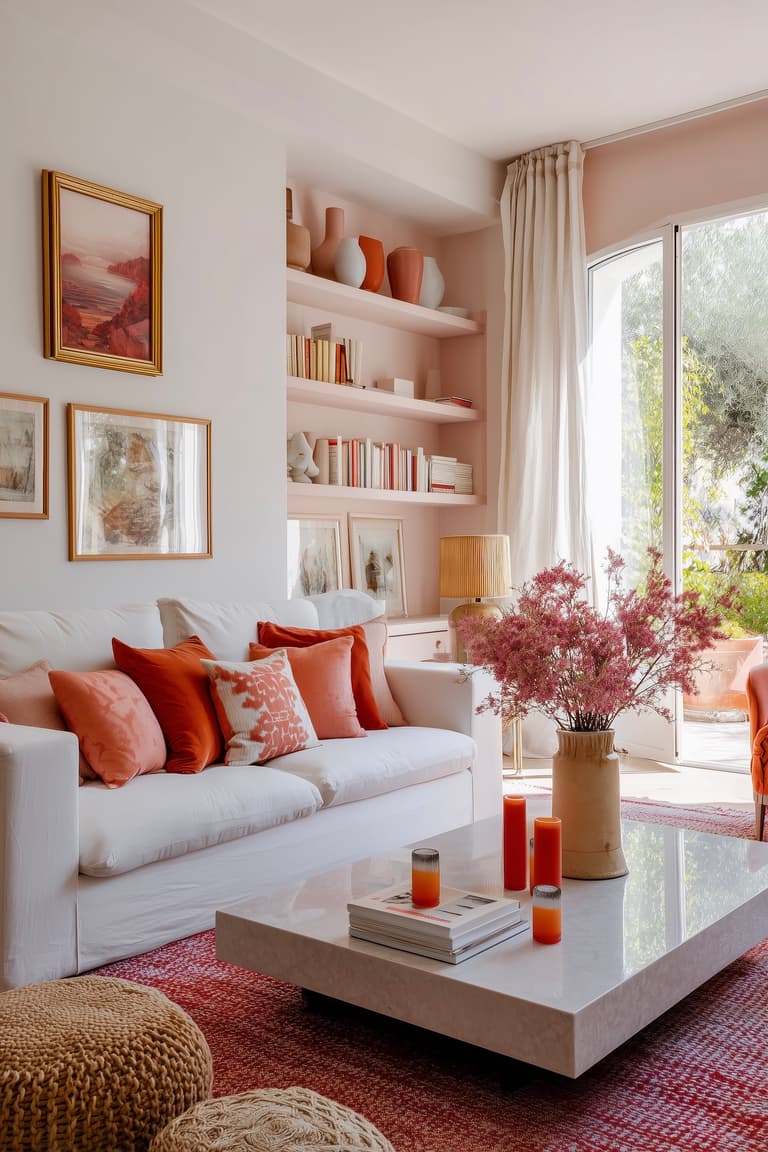 décoration salon mur rose coussin orange