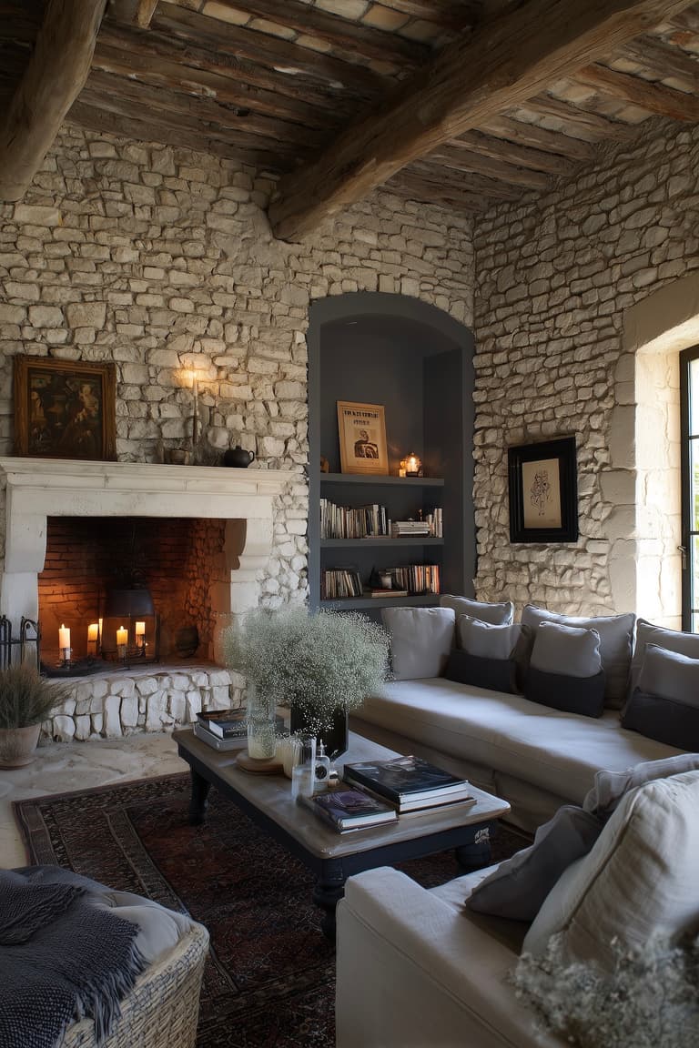 salon chateau Provence canapé autour cheminée pierres naturelles