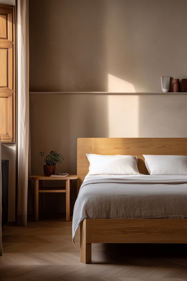 lit bois massif chambre naturelle mur beige