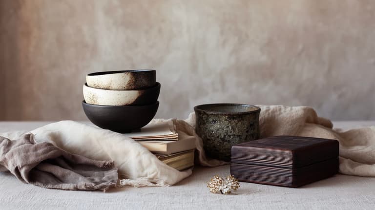 Céramiques japonaises alignées sur une table en bois dans une lumière chaude