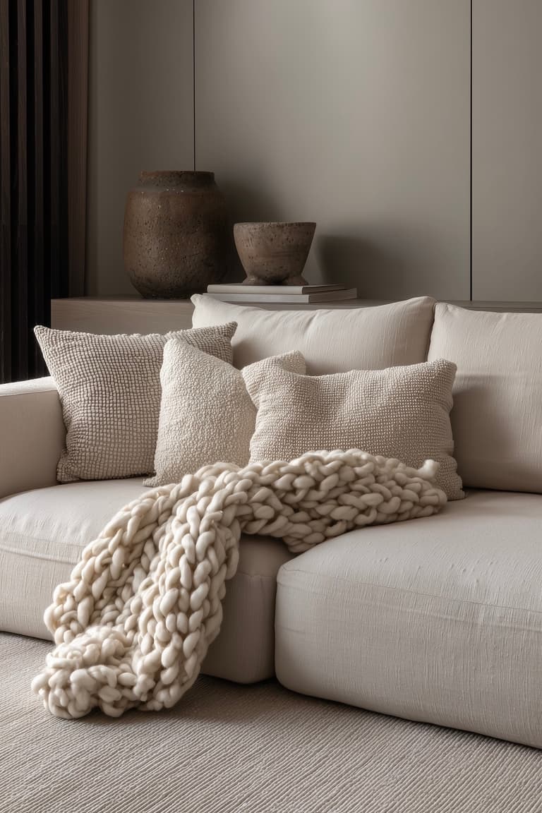canapé beige coussins texturés déco cosy