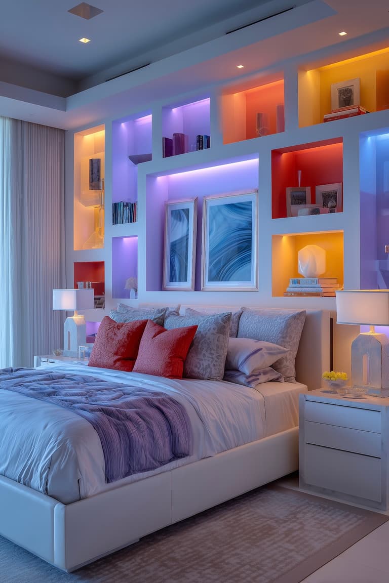 Chambre 80s architecturale avec niches rétro éclairées