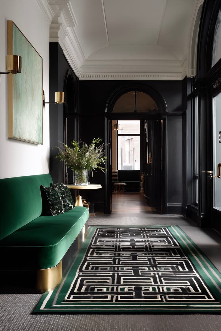 entrée banquette verte laiton tapis velours graphique