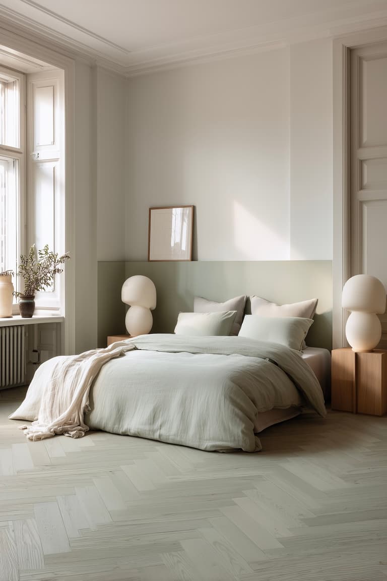 chambre apaisante avec tête de lit vert sauge et parquet peint blanc en chevrons, style minimaliste