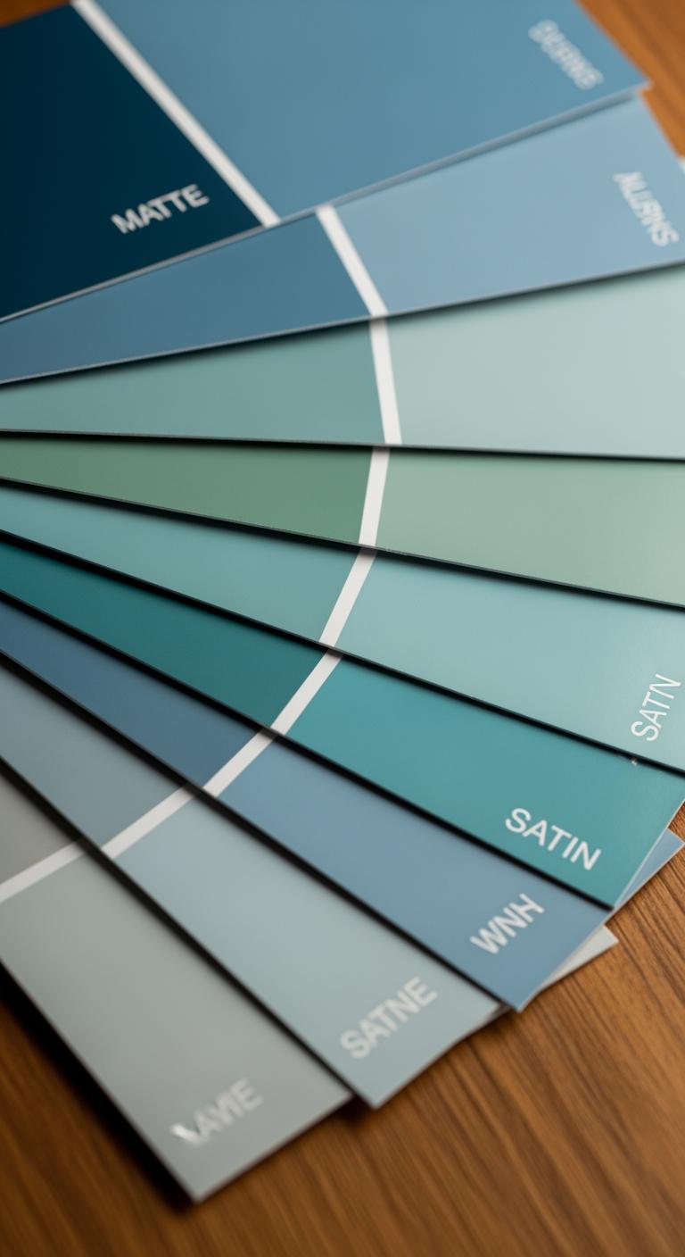 Échantillons de peinture de différentes finitions (mat, satiné) disposés en éventail sur une surface en bois.
