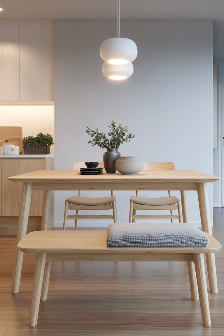 coin repas petit espace table bois clair banc minimaliste