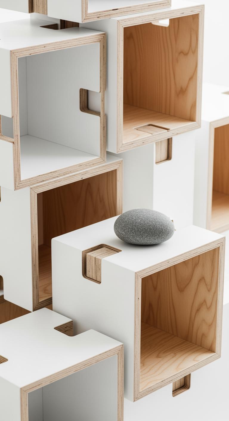 Composition abstraite de cubes de rangement modulables en bois et blanc, emboîtés de manière asymétrique, illustrant la modularité.