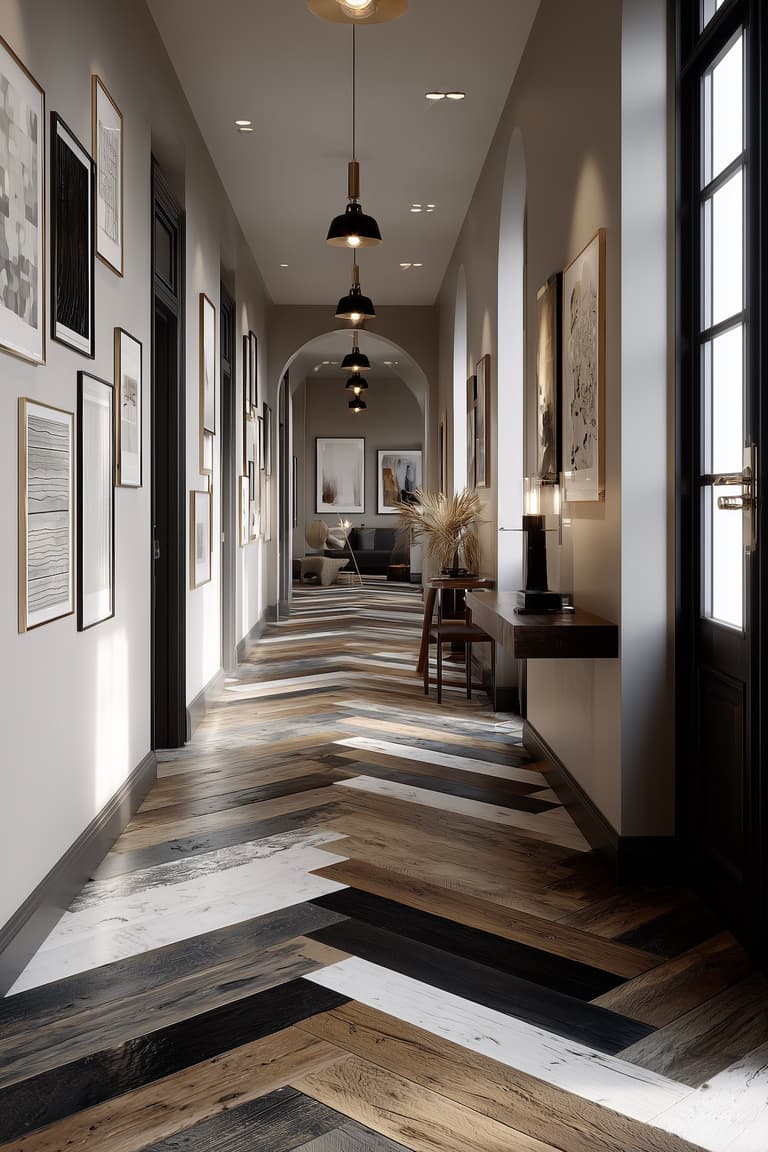 Long couloir contemporain avec murs clairs et parquet peint en diagonales noir, blanc et bois naturel