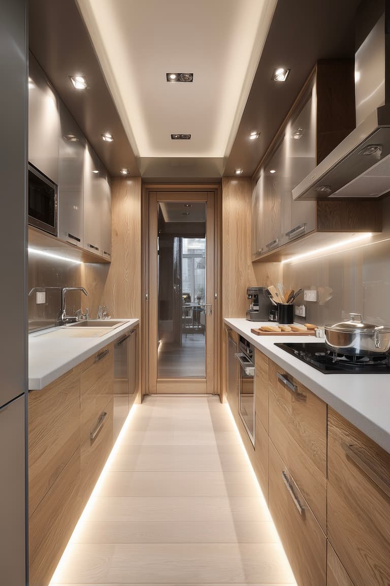 cuisine en longueur bois moderne éclairage intégré