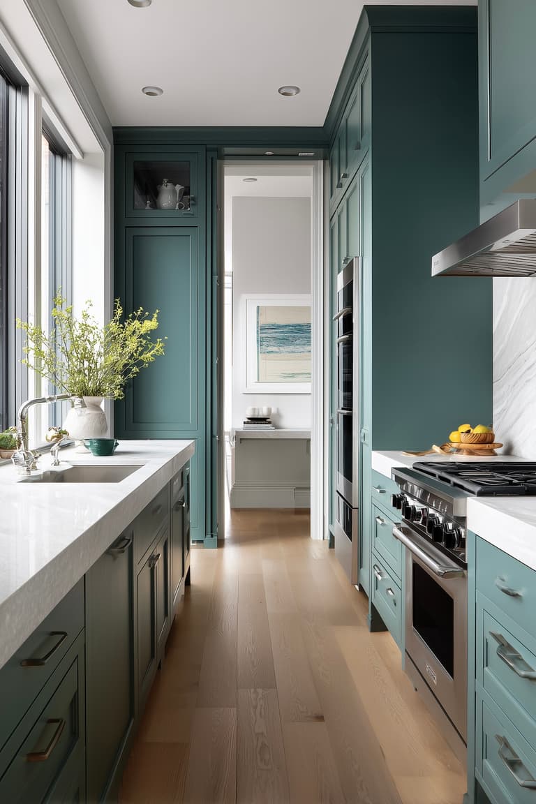 cuisine en longueur vert profond style contemporain