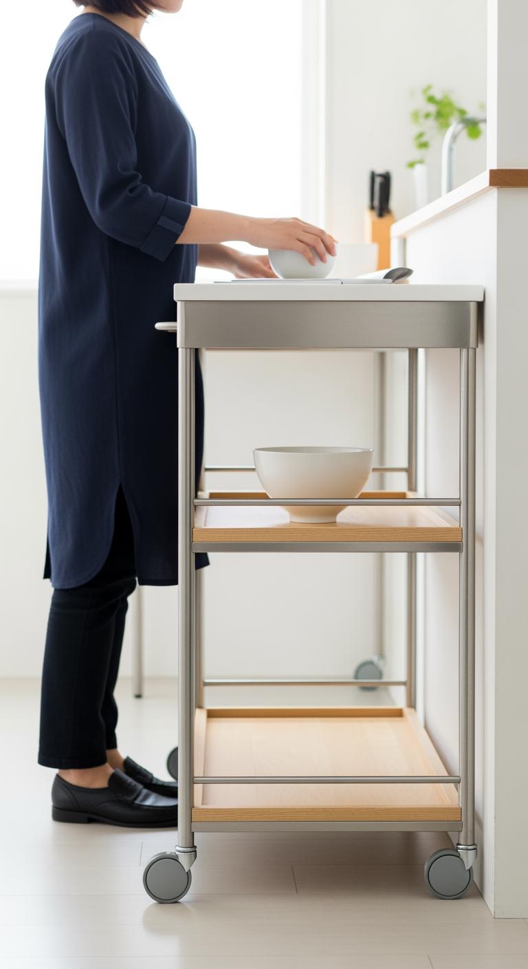 Desserte de cuisine mobile et design, solution multifonctionnelle pour optimiser l'espace dans une cuisine étroite.