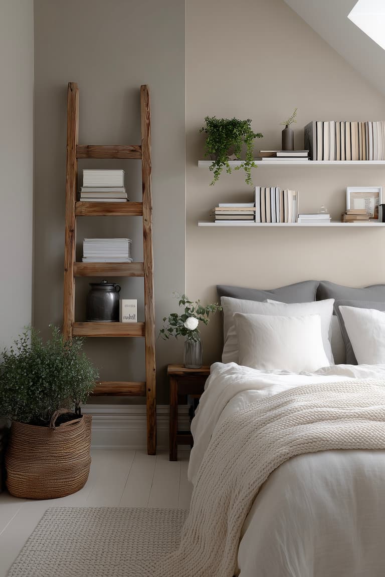 étagère échelle bois chambre minimaliste beige