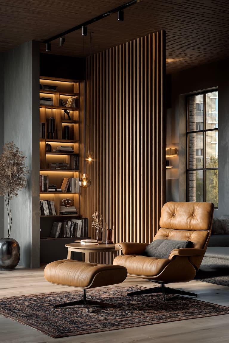 fauteuil cuir design salon bibliothèque bois