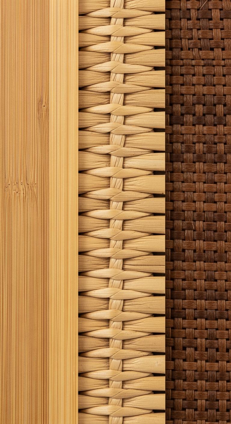 Gros plan comparatif des textures du bambou lisse, du rotin naturel tressé et du polyrotin synthétique.