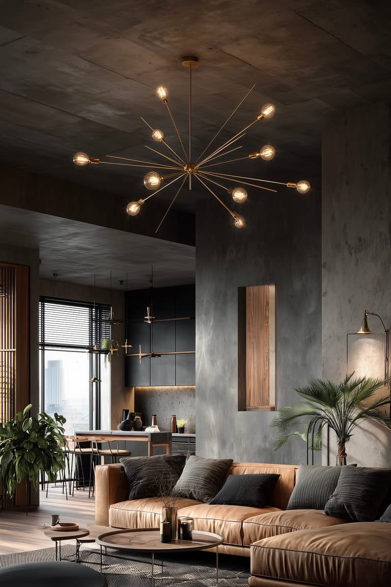 loft industriel doux salon cuisine ouvert