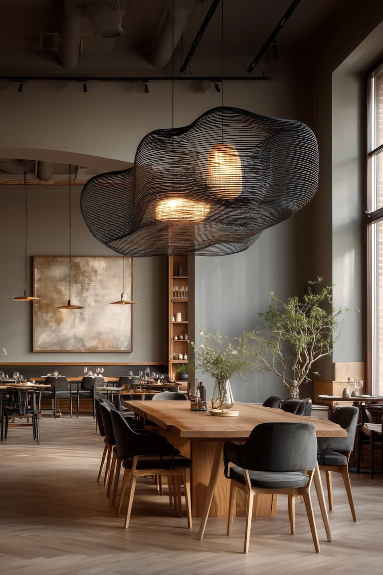 restaurant design japandi mobilier bois massif chaise tissu gris anthracite