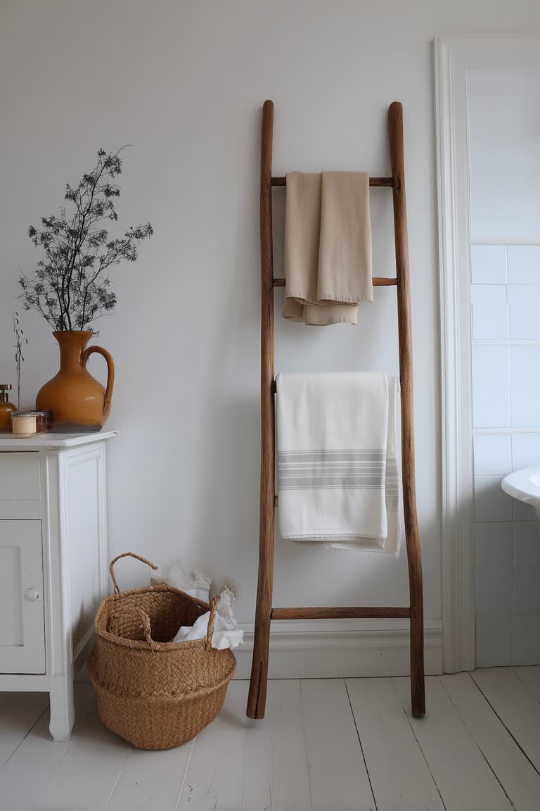 salle de bains vintage échelle bois panier fibres