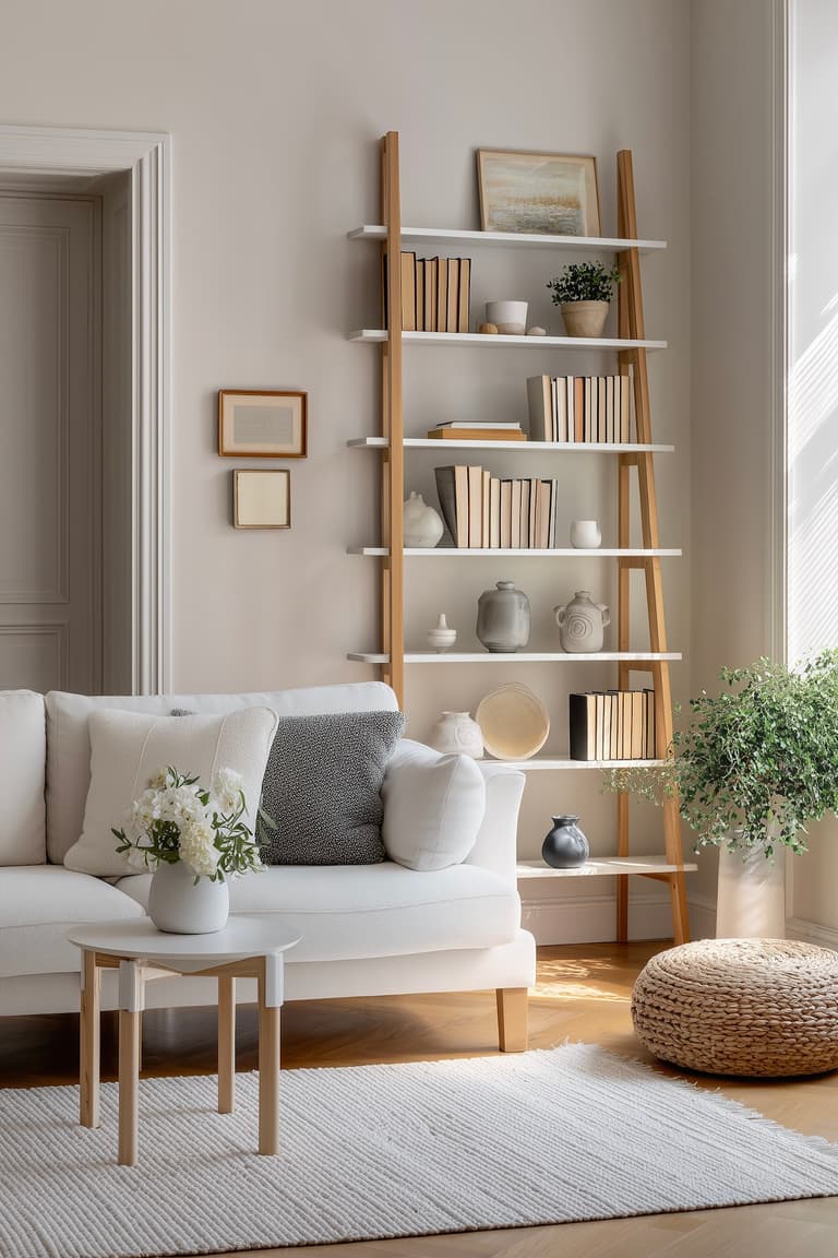 salon lumineux mur beige mobilier bois blanc laqué